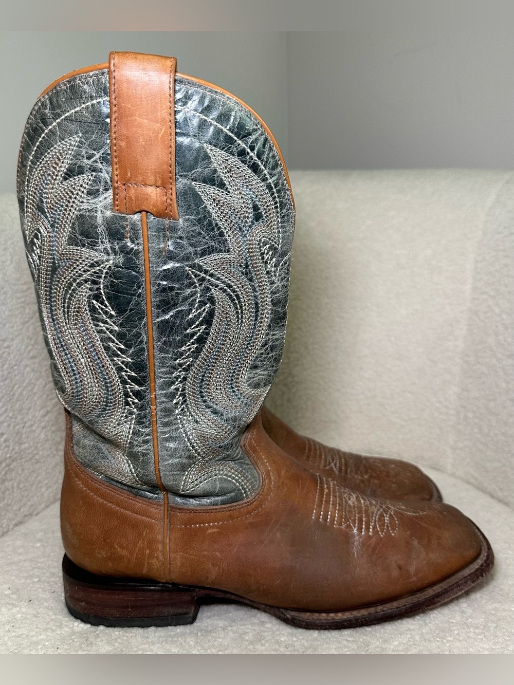 J.B. Dillon Western Cowboy Cowgirl Boots Brown Blue Leather Square Toe Boho 7.5